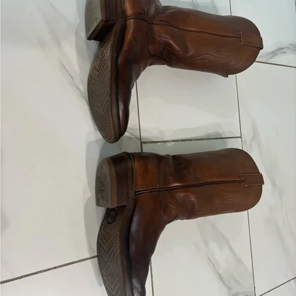 Tony Lama Brown Cowboy Boots with Rounded Toe and Stitching - Picture 7 of 7